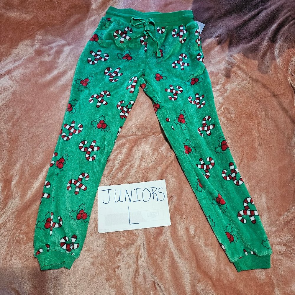 Juniors L Holly & Candy Cane Print Plush Fleece Green Pocketed Jogger Pants NWT